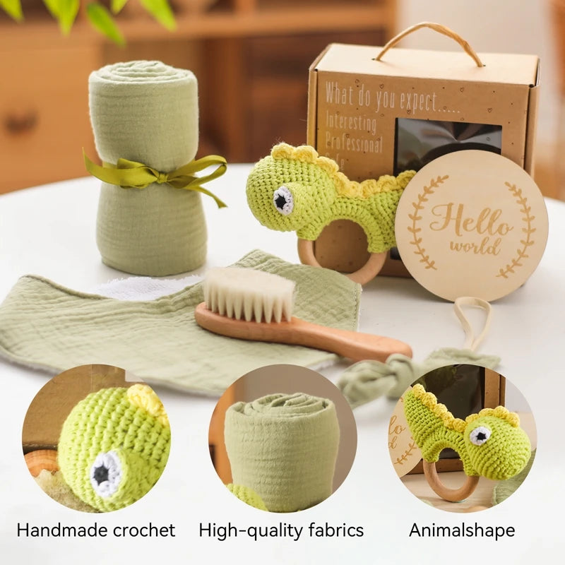 Hand Made Newborn Gift Box with hand made Dinosaur Rattle Toy